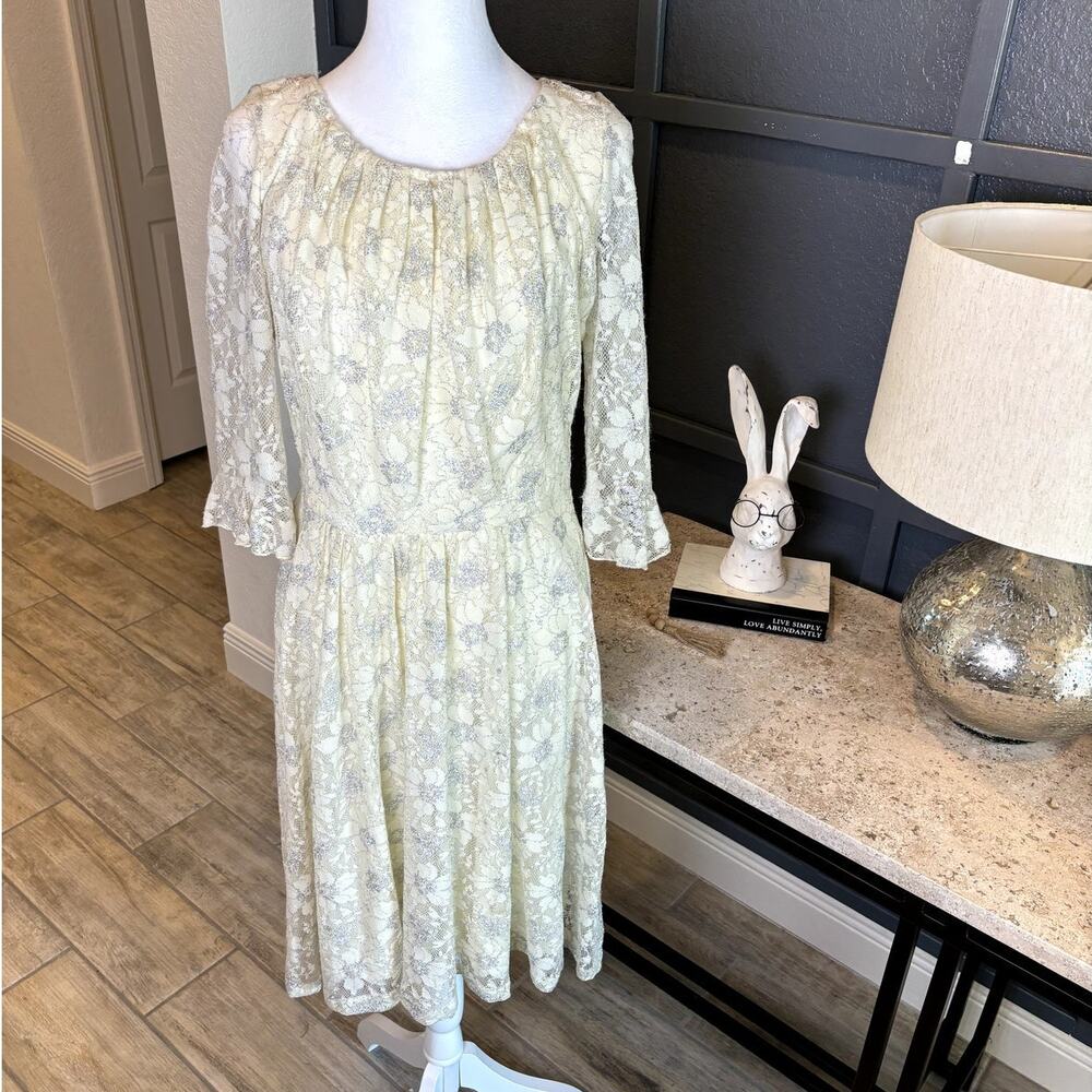 Eva Franco Anthropologie Ivory Silver Metallic Floral Lace Dress NWT Size 4